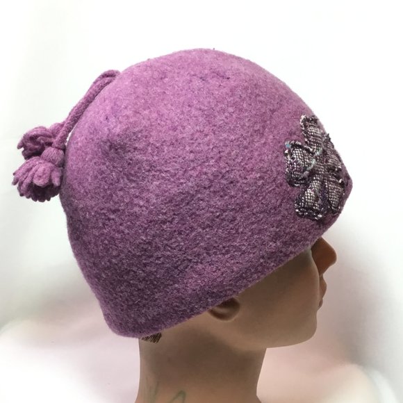 Outdoor Research Wool Blend Purple Pink Floral Pattern Winter Hat Small Tassels - Picture 4 of 7